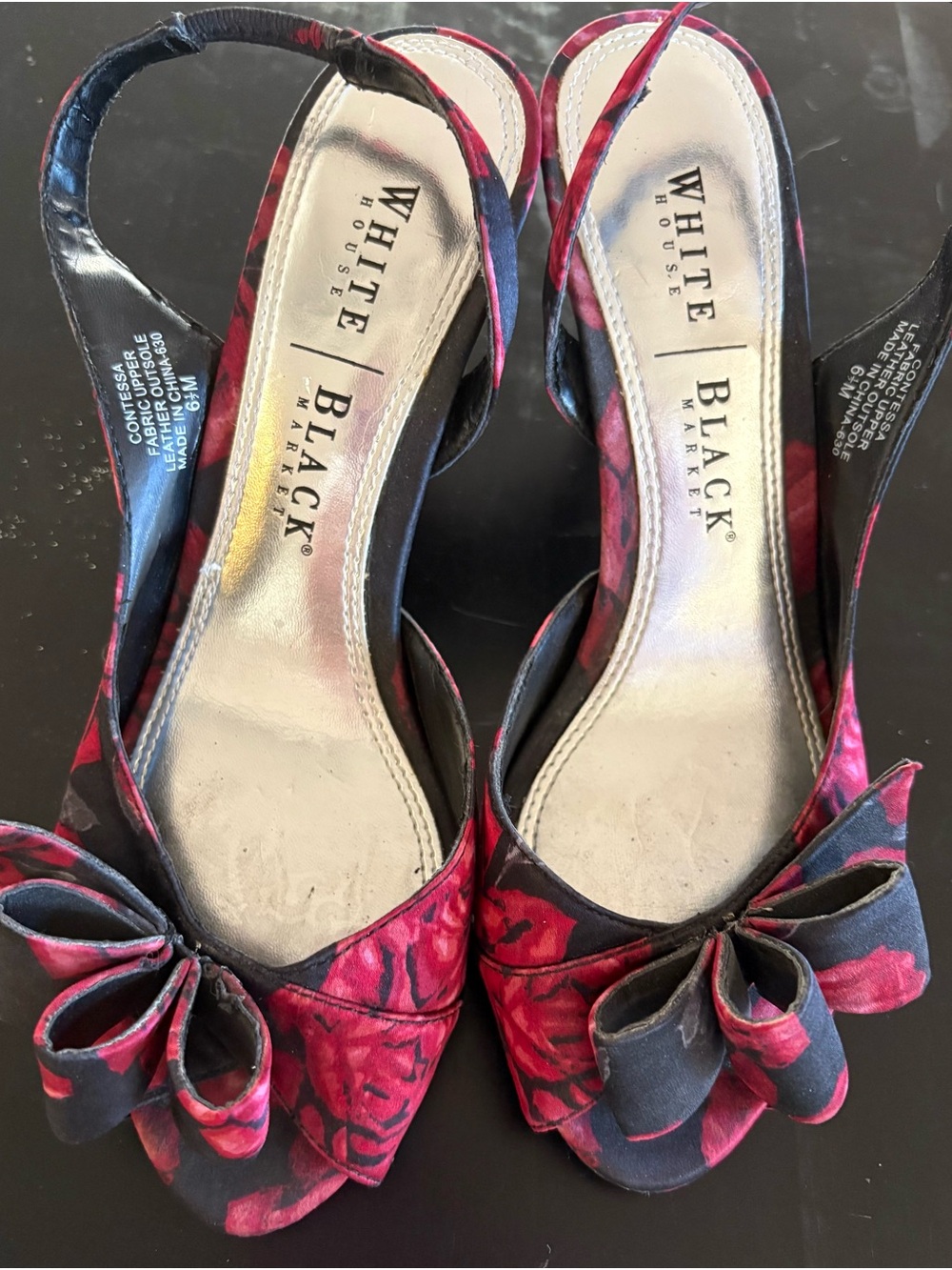 White House Black Market Red Floral Bow Slingback Heels